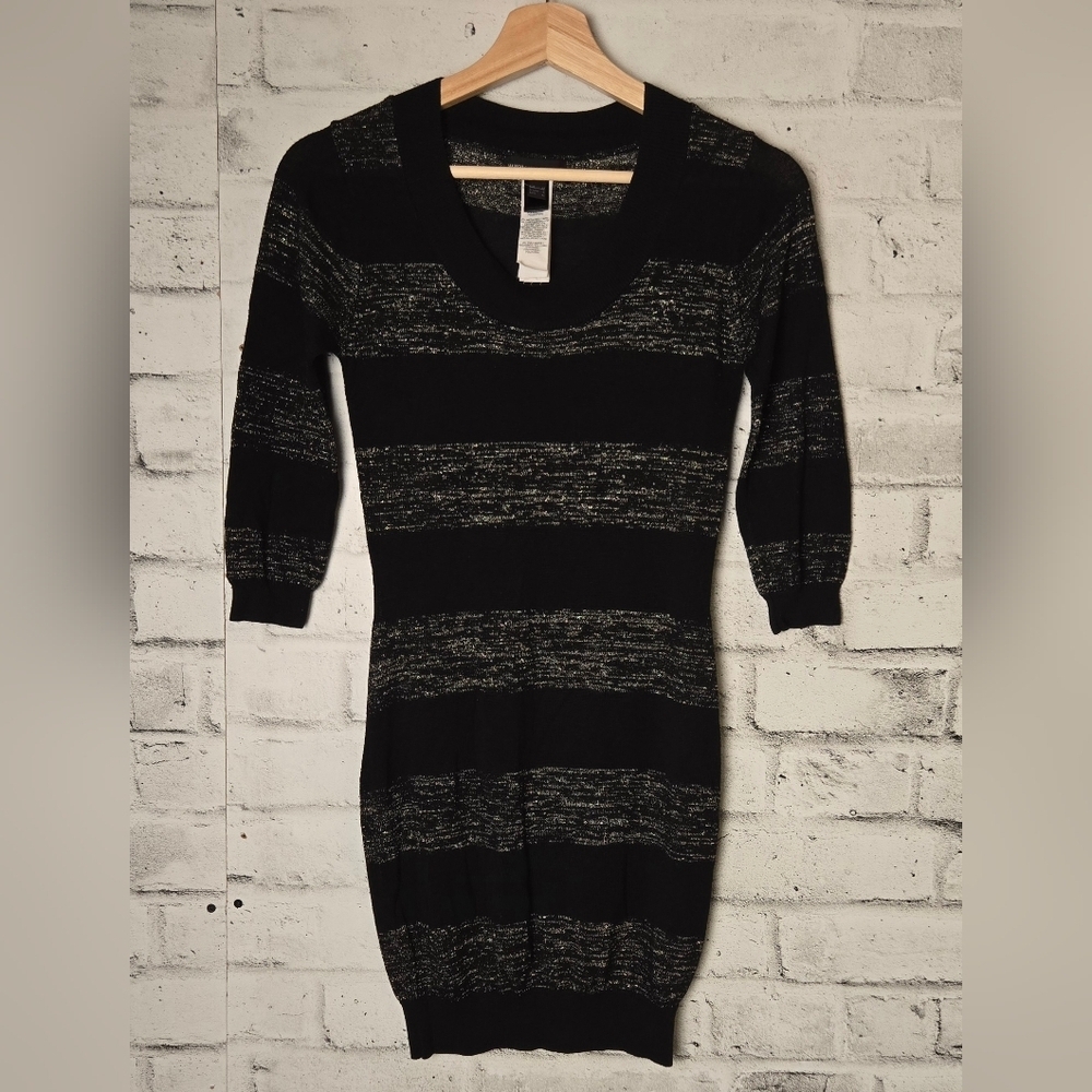 Mango Black Metallic Stripe Sweater Dress Women’s M Knit 3/4 Sleeve